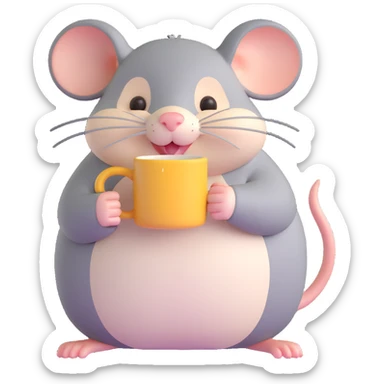 a chubby rat holding a mug, cute 3D style, adorable and soft sticker