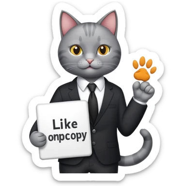 A cat in a black business suit holds a sign with the inscription "PrimeCopy" with one paw and shows a like with the other paw sticker