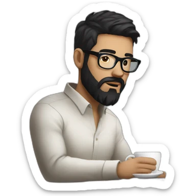 Designer with black hair, beard and glasses working with MacBook and drinking cappuccino  sticker