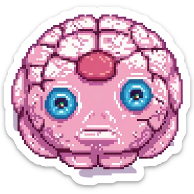 16-bit pixel art of a pink brain-shaped blob with sad droopy eyes and downturned mouth, smooth rounded brain texture, simple retro gaming style sticker