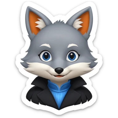 Grey anthropomorphic furry fox with a black coat, blue eyes, and a small fringe of black hair, smiling sticker
