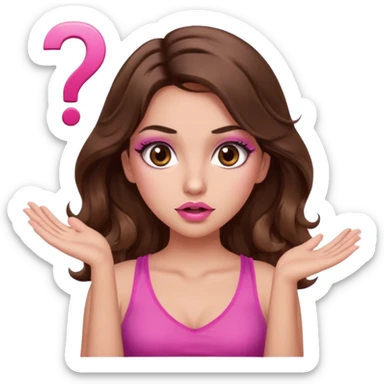 girl with long wavy brown hair, brown eyes, long lashes makeup, sexy pink lips, light to medium complexion, pink sexy top,, shrugging with both hands, confused, question mark sticker