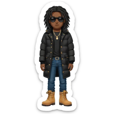 African American man brown skin complexion with black dreadlocks shoulder length wearing black bubble winter coat wearing black sunglasses with denim skinny jeans and timberland boots standing up sticker
