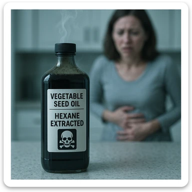photorealistic bottle of dark vegetable seed oil (sunflower or soybean) on a kitchen counter, oil is dark and unnatural, chemical label reading 'Hexane extracted', faint toxic vapor rising from the bottle, background with a blurred worried person holding their stomach, cold clinical lighting, surreal tension atmosphere sticker