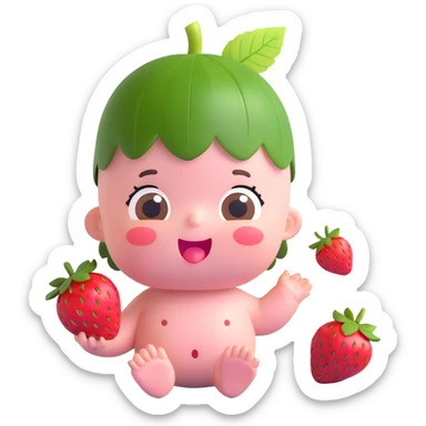 3D emoji-style baby with a strawberry leaf and fruit on its head, soft pink skin, round body, surprised or delighted face sticker