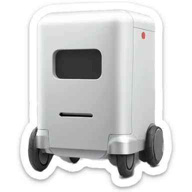 solid rectangle gray delivery robot with white circle white led eyes and opening lid on 4 wheels with food, minimalistic design sticker