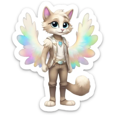 Furry, sparkle, iridescent, colorful, pastel, edgy, cool, fantasy beautiful, brown, beige, white, divine, godly, angelic, animal, anthro, full body, fursona, feline sticker