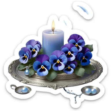 A mesmerizing nighttime scene featuring a cluster of vibrant blue pansies bathed in soft moonlight. In the background, a luminous silver crescent moon hangs low in the sky, partially veiled by delicate wisps of mist. A round, decorative candle in a shimmering pearl color rests on an ornate silver tray, its gentle glow casting flickering reflections on the surrounding petals. Tiny fireflies dance in the air, adding an ethereal touch, while a few scattered crystals glisten among the flowers. sticker