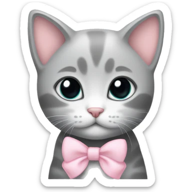 Grey kitten with a cute light pink bow sticker