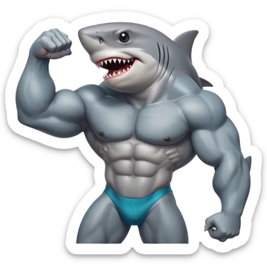 Create an emoji in the style of Apple iPhone emojis representing a bodybuilder shark. The shark must be in front, with muscular arms flexed to highlight its biceps. He must have a confident expression with a slight smile. Use bright, saturated colors, such as shades of gray or blue for the shark, with sharp contours and subtle shadows to give an impression of depth. The design must be simplified, expressive and without background. sticker
