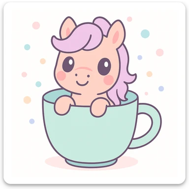 a playful cartoon pony peeking out of a coffee cup sticker