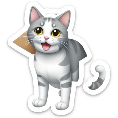 Gato gordo gris y blanco dentro caja de carton sticker