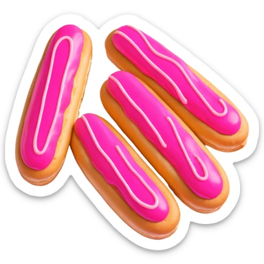 3D iOS-style illustration of three eclairs with pink glaze and cream on a plate, vibrant neon colors, no background. sticker