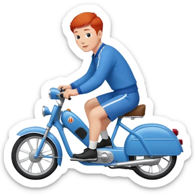 Un Solex 5000 de couleur blanche avec un homme aux guidon, habillé en bleu avec les cheveux courts et roux  sticker