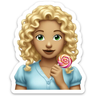 girl sucking a lollipop with blonde curly hair and rlly pretty sticker
