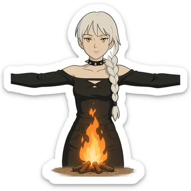  young woman with gold yellow eyes, white hair, long braid, black off-shoulder top, punk gothic style, futuristic cyberwave cyberpunk,, she is calmly t-posing , there is a small bonfire in front of her sticker