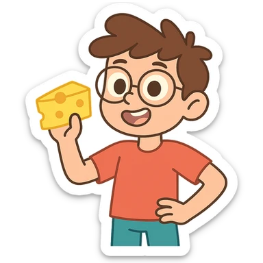 cartoon boy with brown hair, brown eyes, glasses, holding a piece of cheese, pastel toon style sticker
