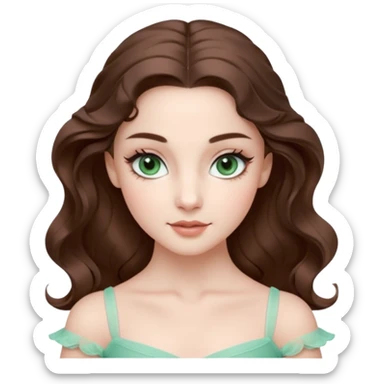 Cinema Realistic Ballerina Portrait, with porcelain-like skin featuring a natural rosy flush, illuminated by soft lighting that highlights the gentle contours of her face. Her Brunette hair flows in soft.Her deep green light eyes radiate framed by arched brows and long lashes. sticker