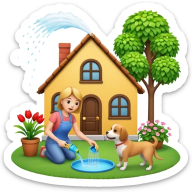 Make a 3D emoji Illustration of A house and there is a woman watering her plants while a dog is playing around on the grass sticker