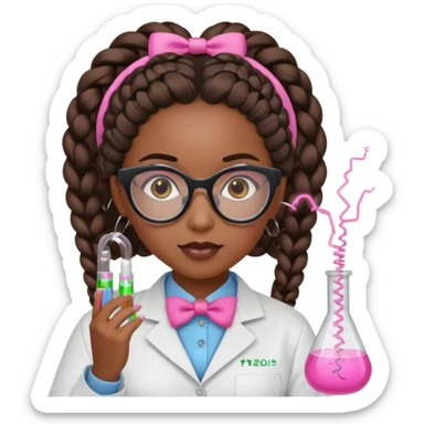 black girl scientist with goddess braids, pink bow, black glasses, performing a science experiment with an electric circuit sticker