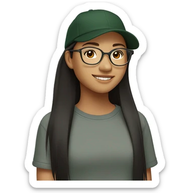 Look from side, asian girl, light skin, smiling with teeth, black eyes, spotted frame glasses, long brown straight hair with highlighted strands, black T-shirt, dark green cap. sticker