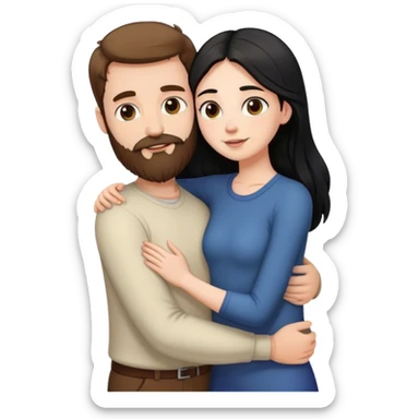 Tall white man with brown hair and beard hugging an short pale woman with long black hair, standing sticker