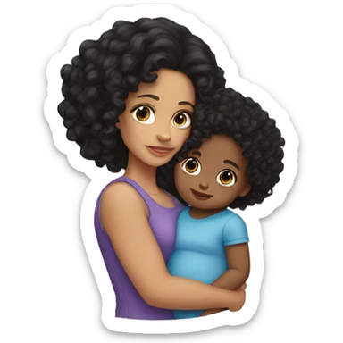light skin woman standing with black hair holding a curly head mixed baby girl sticker