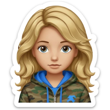 Girl with wavy brown hair  blonde highlights with blue eyes, medium skin tone , camo hoodie sticker
