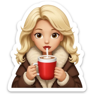 Tanned Girl with lashes , blonde hair, in an extremely big fluffy oversized coat and hold hot chocolate drink and vertically short eyes , big lip sticker