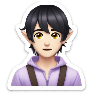 Anime boy short black hair, hai between eyes, lilac eye color, elf ears, sharp slanted eyes sticker