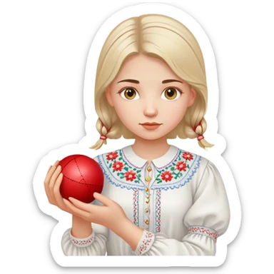 A young Ukrainian girl in a white embroidered shirt holds a ball of thread in her hand sticker