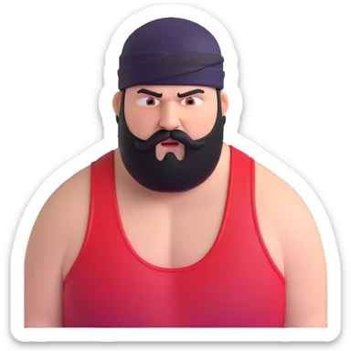 Close-up of extremely fat white skin guy with young face, prominent BLACK DURAG tied clearly on head, distinct black beard and mustache, no muscle, black eyes in a red and black wrestling singlet with angry face sticker