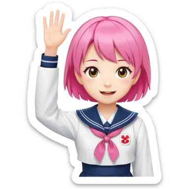 Anime girl with short bright pink hair wearing Japanese sailor style school uniform, composed posture with hand on hip but energetically waving with other hand, excited smile and happy eyes sticker