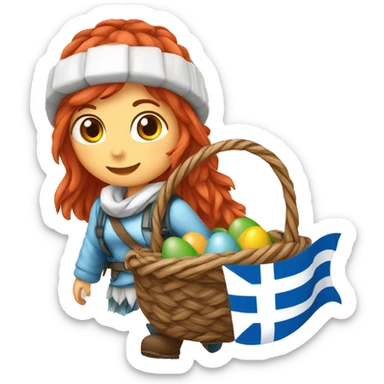 Greek red hair female winter mountaineer climbing with Easter eggsbasket and Greek flag sticker