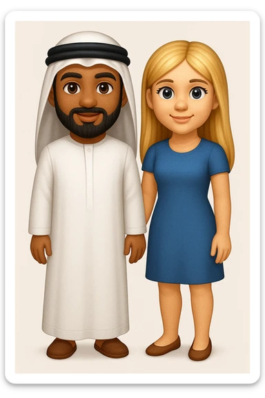 Сгенерируй мне в стиле детализированного емодзи пару, где мужчина с черной бородой и в арабском одеянии и чуть со смуглой кожей, а девушка чистая славянка, блондинка. В ПОЛНЫЙ РОСТ ОНИ И НЕ КАСАЮТСЯ КРАЕВ ИЗОБРАЖЕНИЯ sticker