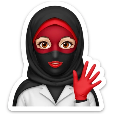 


Scary woman scalpel in hand, evil surgeon sexy surgeon clothes.  She has redcolored  eyes. Her  hair only is free ne brown long curly hair. Wears sexy doctor outfit with red gloves. make her wear full Muslim burka to mask and nose mouth mask  to hide. Wears white surgeon coat, wears  stilettos sticker