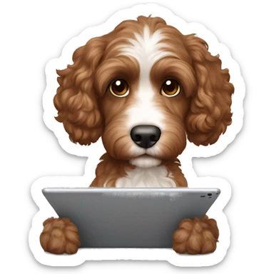 Brown cockapoo working on tablet sticker