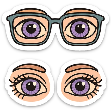 On one canvas, create two pairs of anatomically realistic almond-shaped eyes with detailed irises and eyelashes as in the reference. One pair wears glasses, the other does not. Maintain the icon-color-outlined style with vector look, shadows and highlights, thin clean contours, soft rounded features, pastel palette #98B5BC #B5B3C1 #C9A3C9 #E4C0CA #F7DCD1 #F7C0AA, Japanese pop-art, sticker appearance, transparent background. sticker