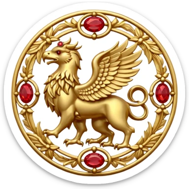 Golden griffin crest / brosch in a circle with red gems and no background sticker