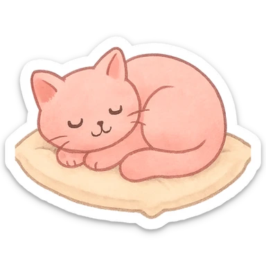 pink cozy cat curled up on a pillow, peaceful sticker