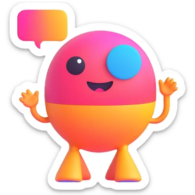 Retro game mascot — like a Tamagotchi-style AI creature, round and colorful with a speech bubble. sticker