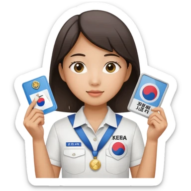 A young Asian guide holding her tour license in both hands, wearing a white shirt with the South Korea badge on her chest. sticker
