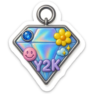 convert to a Y2K style charm: add a silver jump ring to the top for attaching to a bracelet or necklace, keep the holographic diamond, blue sapphire accent, and playful Y2K details, 3D emoji style sticker