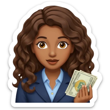 She has long, brown hair styled in soft wavy curls with a middle part. She has well-shaped eyebrows and dark brown eyes. She is wearing light makeup that highlights her natural beauty and is offering a slight smile to the camera. She is surprise when it comes to money sticker