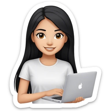 beautiful girl, with long straight black hair, with light make up, black eye liner, smiling, mexican, brown skin, with laptop, with white tee, she stand up sticker