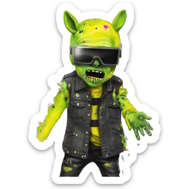 .Zombie_ Vaporwave black holographic oilslick zombie unicorn yellow caution tape holding a vinyl dj graffiti sticker