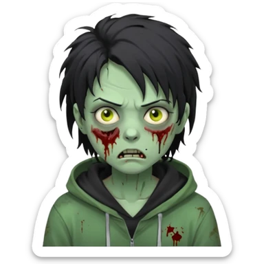 zombie with black messy hairstyle, tired face, bruises under the eyes, black hoodie sticker