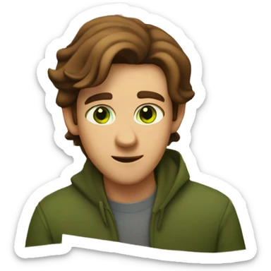 a light-skinned green-eyed man with brown hair sitting in front of the paper scroll  sticker