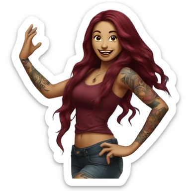 Beautiful tattooed burgundy long haired woman dancing sticker