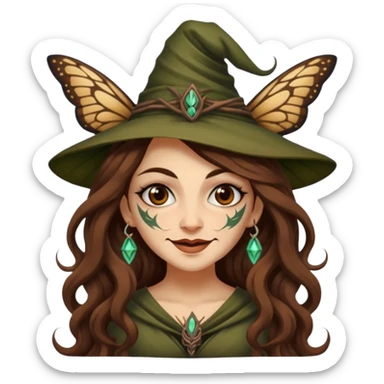 mischievous forest witch woman long wavy brown hair tattoos smirk moth sticker
